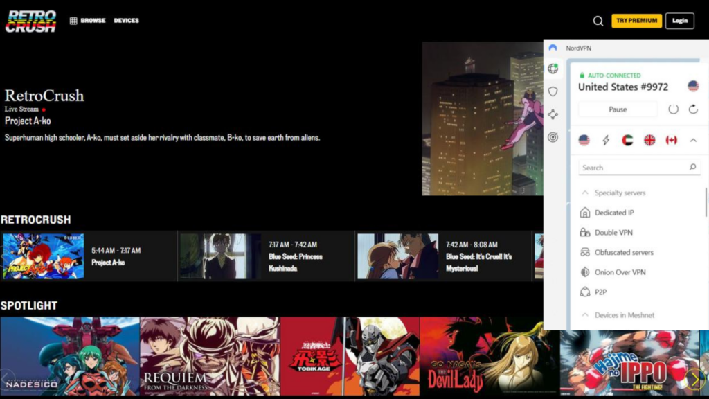 I could watch RetroCrush outside the USA with NordVPN
